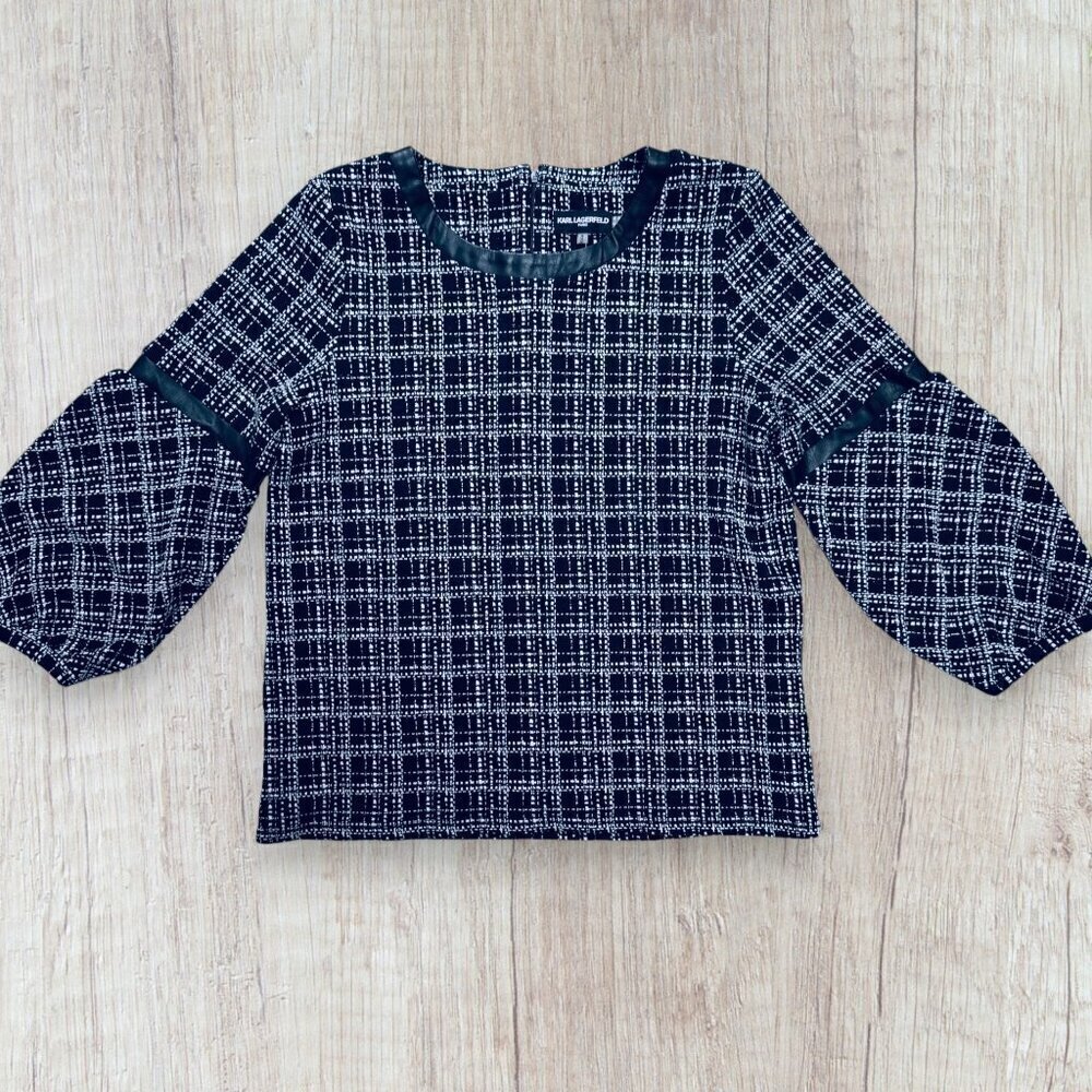KARL LAGERFELD Paris Black White Plaid Knit Faux Leather Trim Top Blouse M
